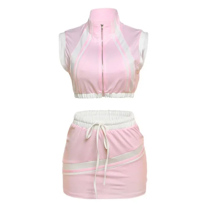 Two Piece Set Women Streetwear 2025 Summer Y2K Sexy Hot Girl Short Zipper Top & Fashion Casual Slimming Wrap Hip Mini Skirt Suit