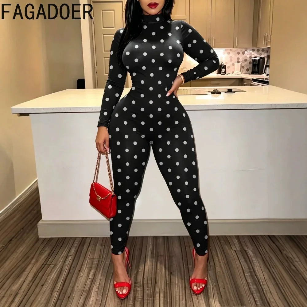 Polka Dot High Neck Long Sleeve Jumpsuit for Women