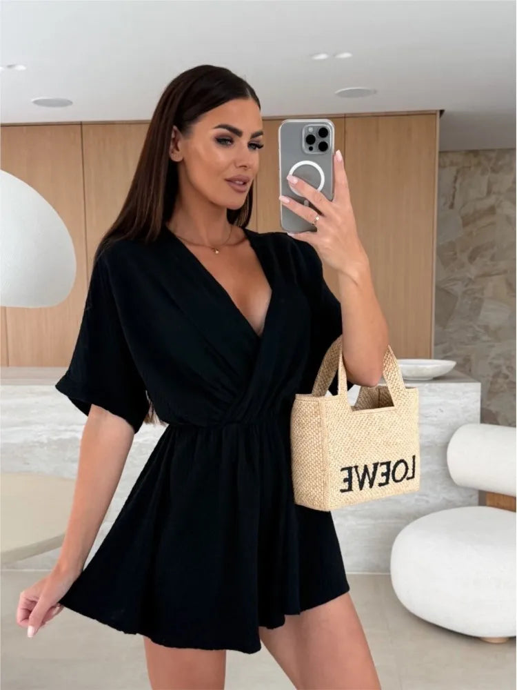Elegant Deep V Neck Short Sleeve White Romper for Women