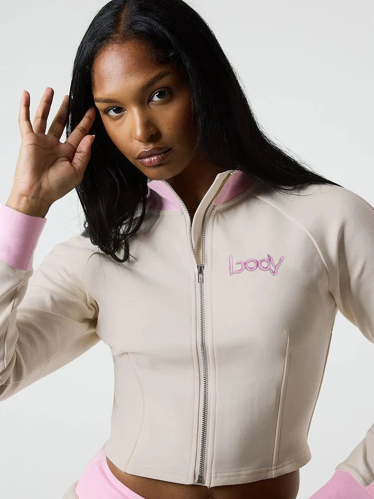 Sisterlinda Casual Sporty 2 Piece Set Women Letter Embroidery Zip Navel Exposed Jacket+Contrast Patchwork Shorts Simple Outfits