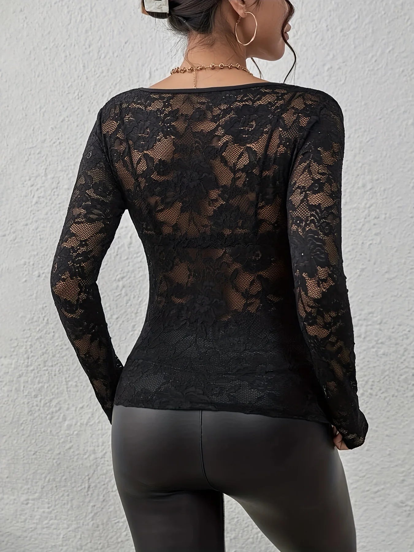 V-Neck Sheer Lace Long Sleeve Top with Scallop Trim for Women