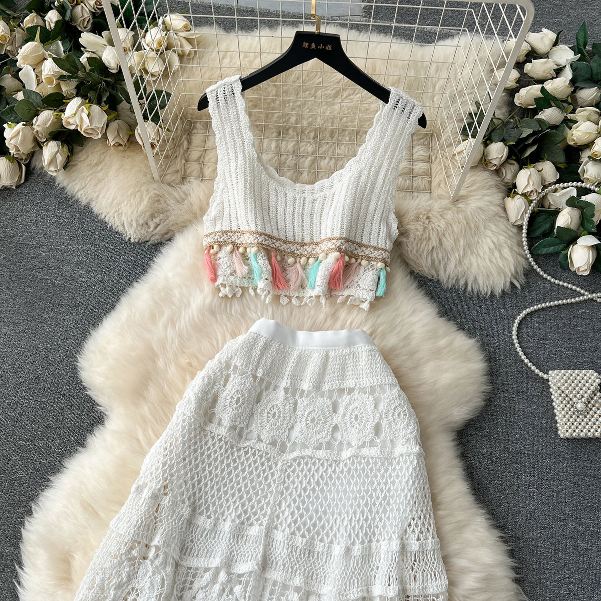 Bohemian Knit Tassel Crop Top and Skirt Set for Women