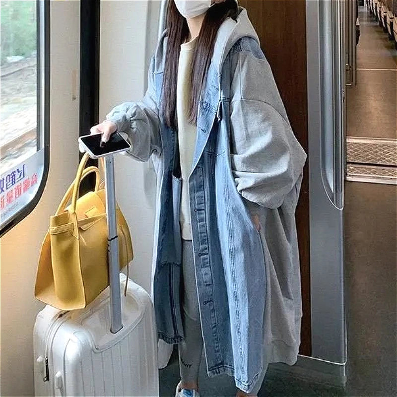 Hooded Mid Length Loose Spliced Casual Coat for Women