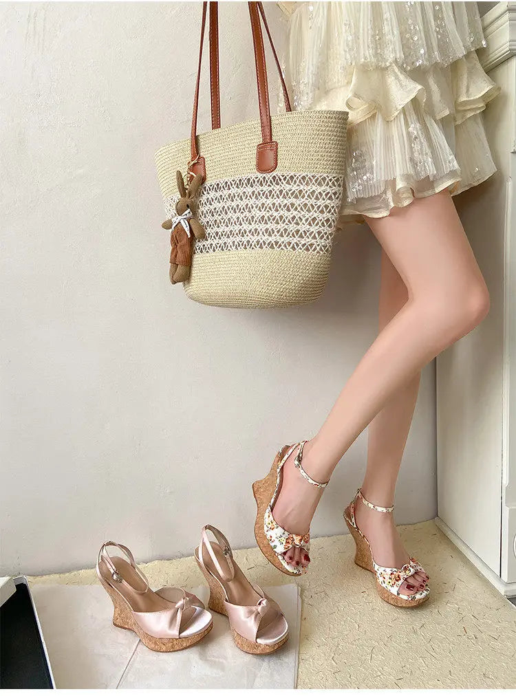 Summer Satin Peep Toe Slingback Wedge Platform Bow Sandals for Women