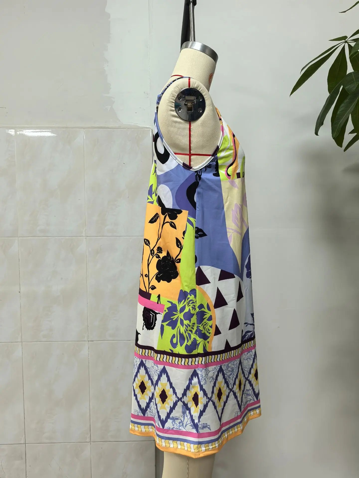 Geometric Print Backless Sleeveless Slip Dress for Women