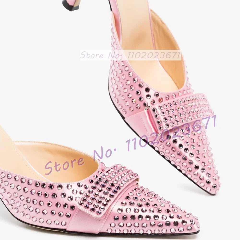 Full Rhinestones Satin Point Toe Slippers Women Sweet Solid Heels Knotted Slippers Elegant Shiny Crystal Custom Color Shoes