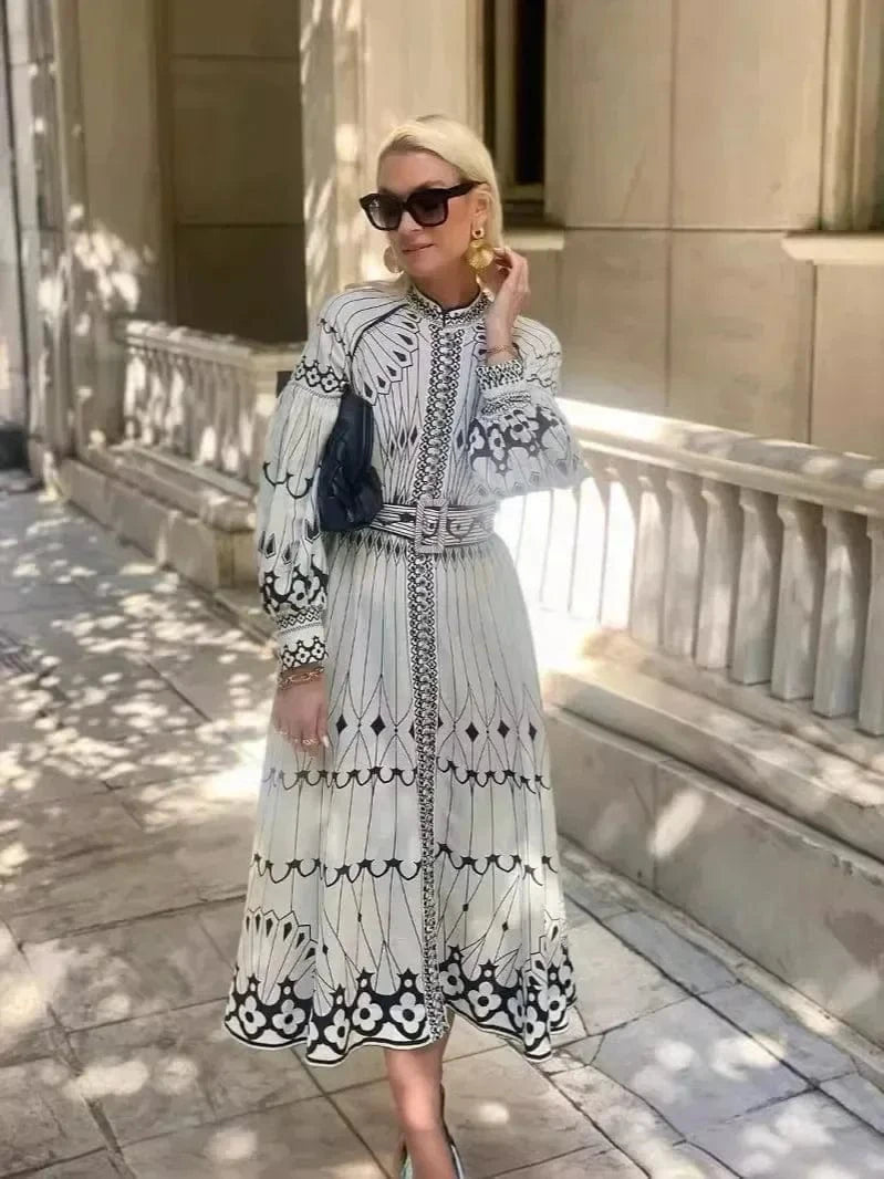 Retro Elegant Stand Collar Long Dress Women Spring Pattern Print Belted Buckle Party Dress Autumn Long Sleeve A-Line Boho Dress
