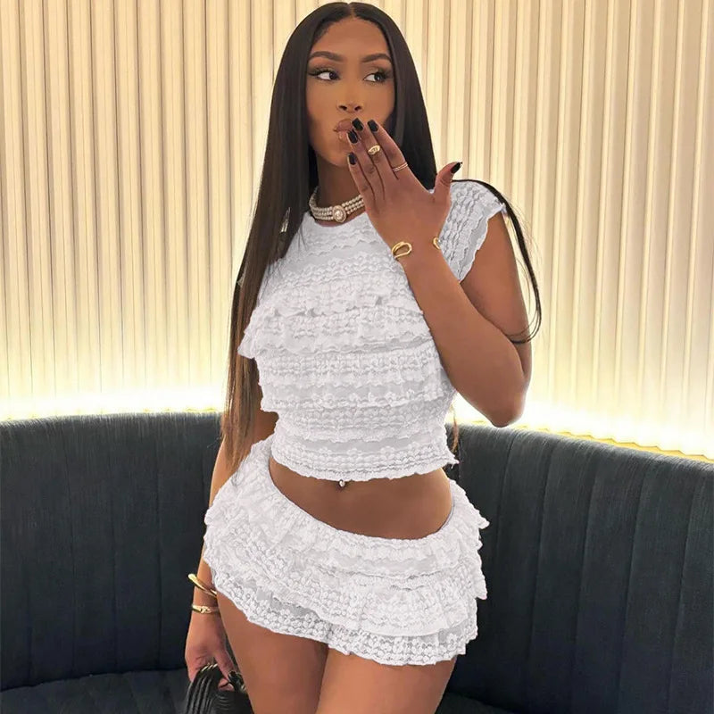 Two Piece Women Crop Top And Mini Skirt Matching Set 2024 New Summer Fashion Sexy White Lace Ruffle Ruched Skirts Outfits