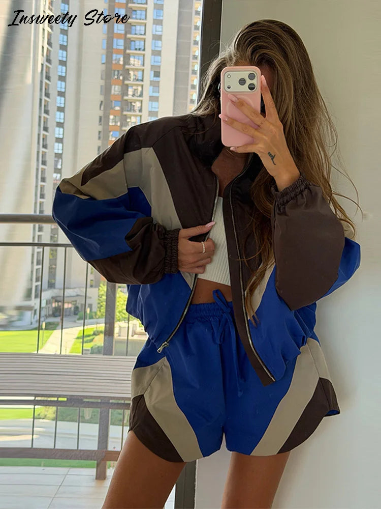 Contrast Color Zip Jacket and Shorts Two Piece Set for Women