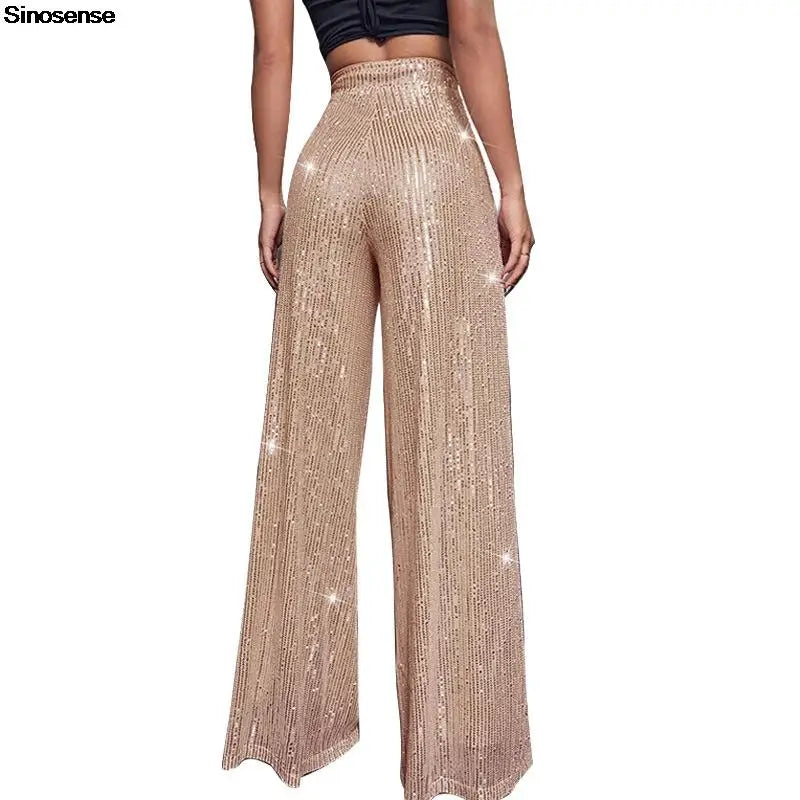 High Waist Sparkle Sequin Wide Leg Pants for Women