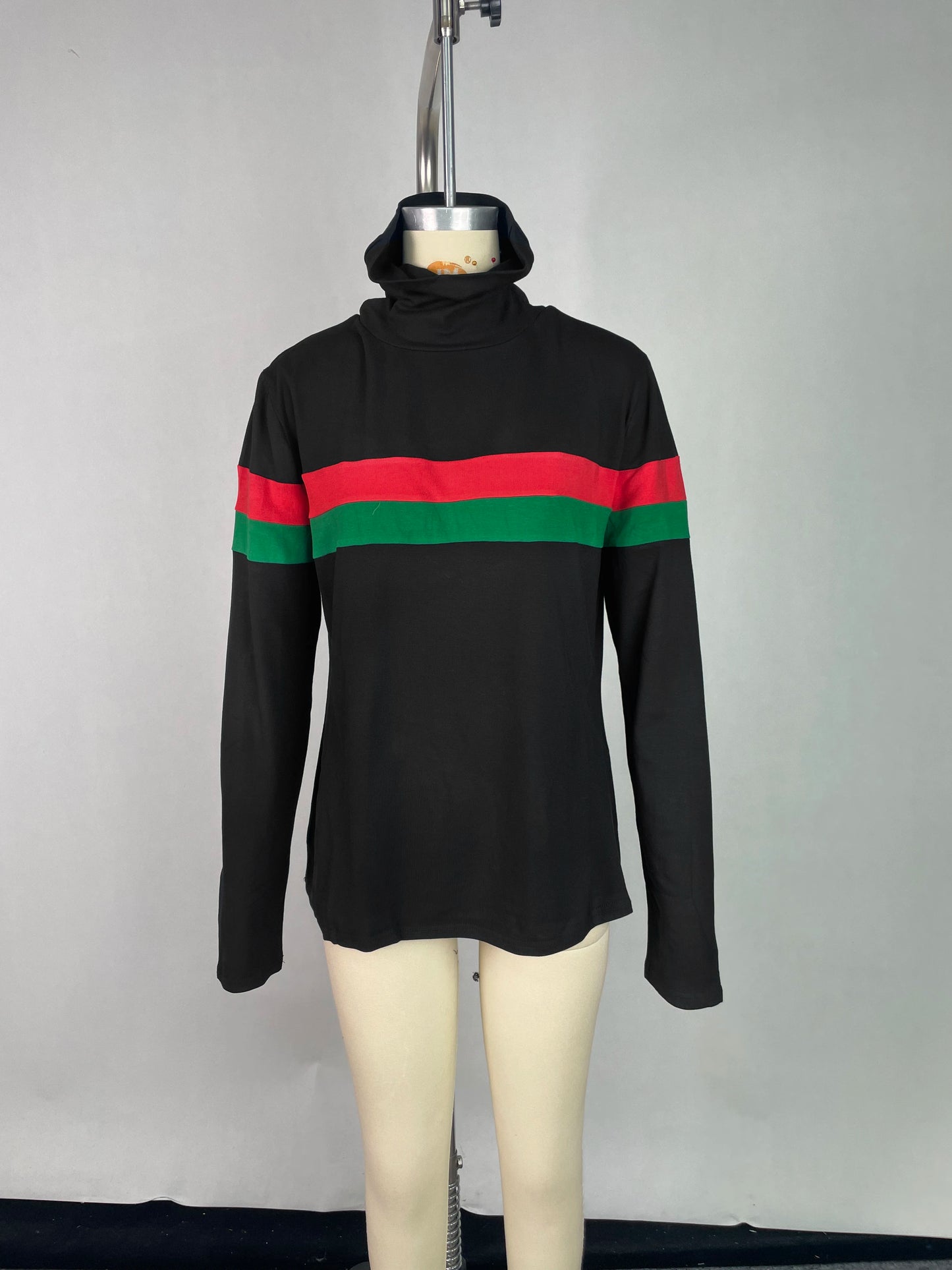 Beautyblue High Neck T-Shirts Women Black Top Sexy Slim Fit Long Sleeves Striped Split-Joint Bottom Basic Shirt Casual Clothing