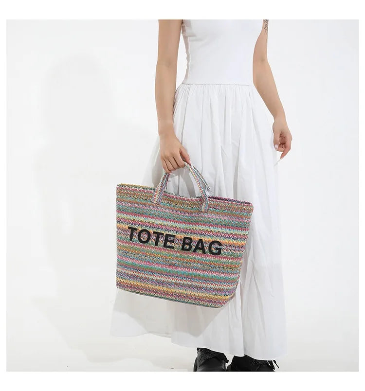New straw woven bag, large capacity tote bag, crossbody striped letter contrasting beach bag