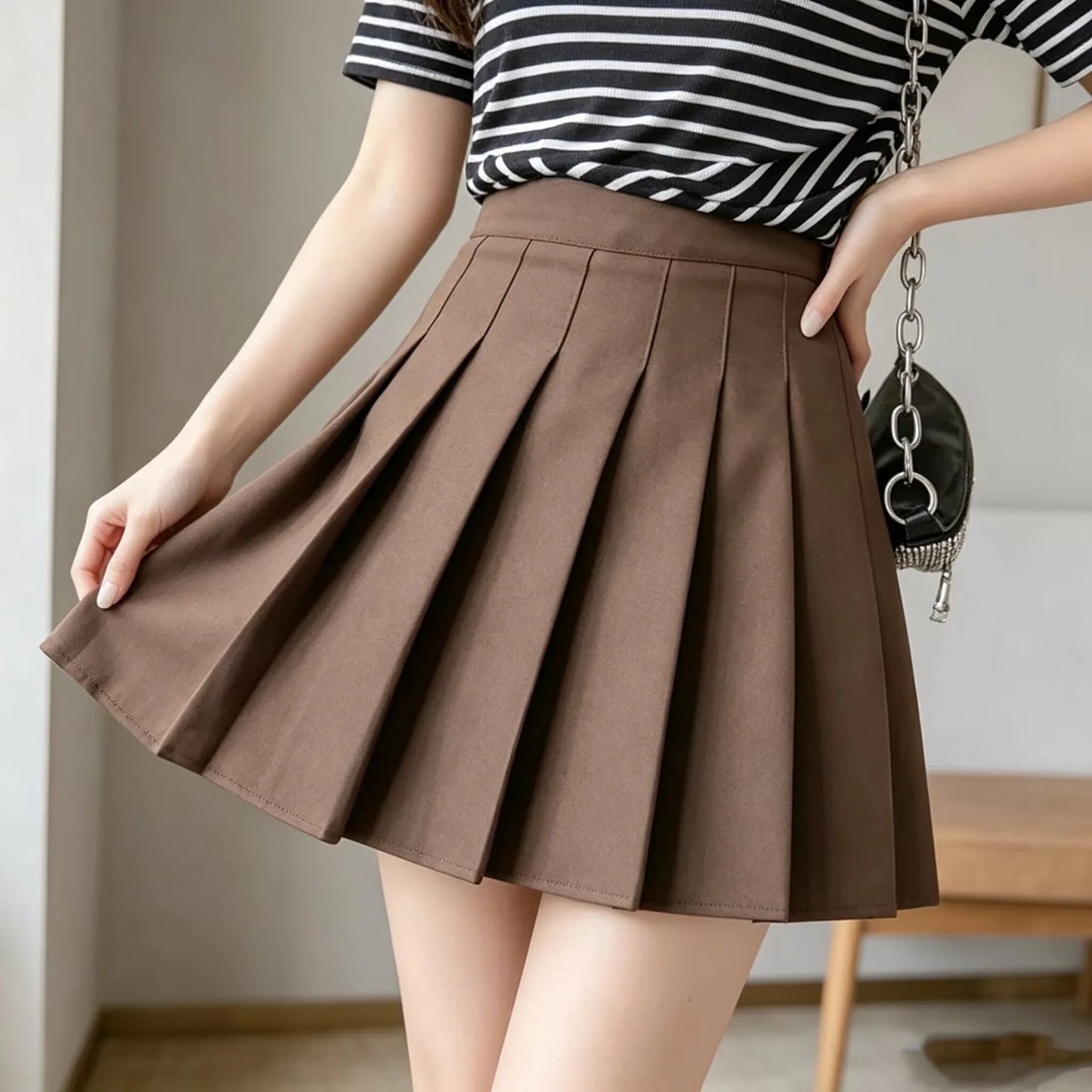 White High Waist Pleated Mini Skirt With Built In Shorts For Women