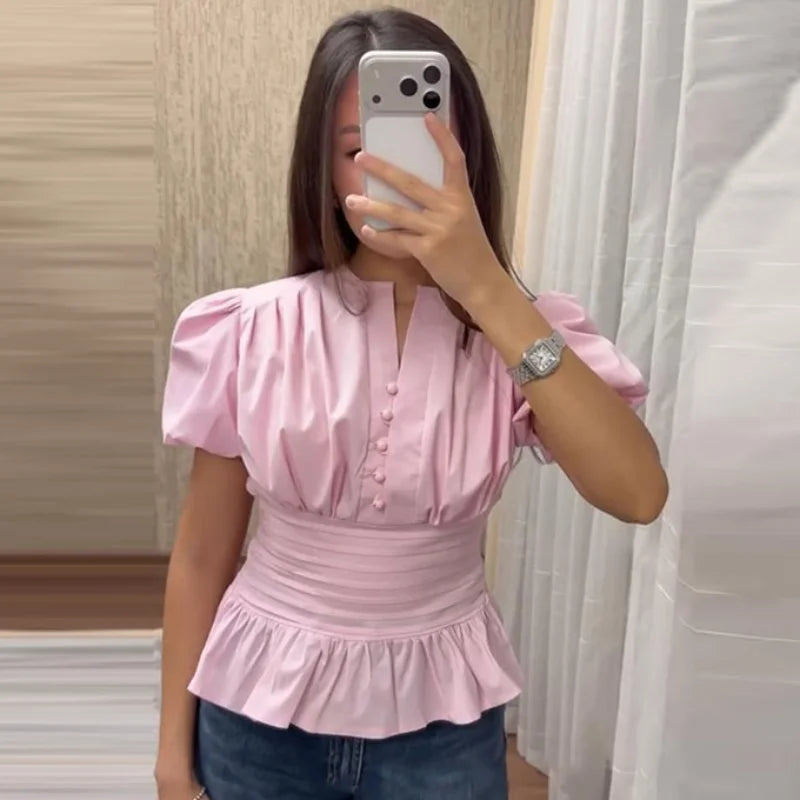 Elegant Puff Sleeve Cinched Waist Solid Color Blouse for Women