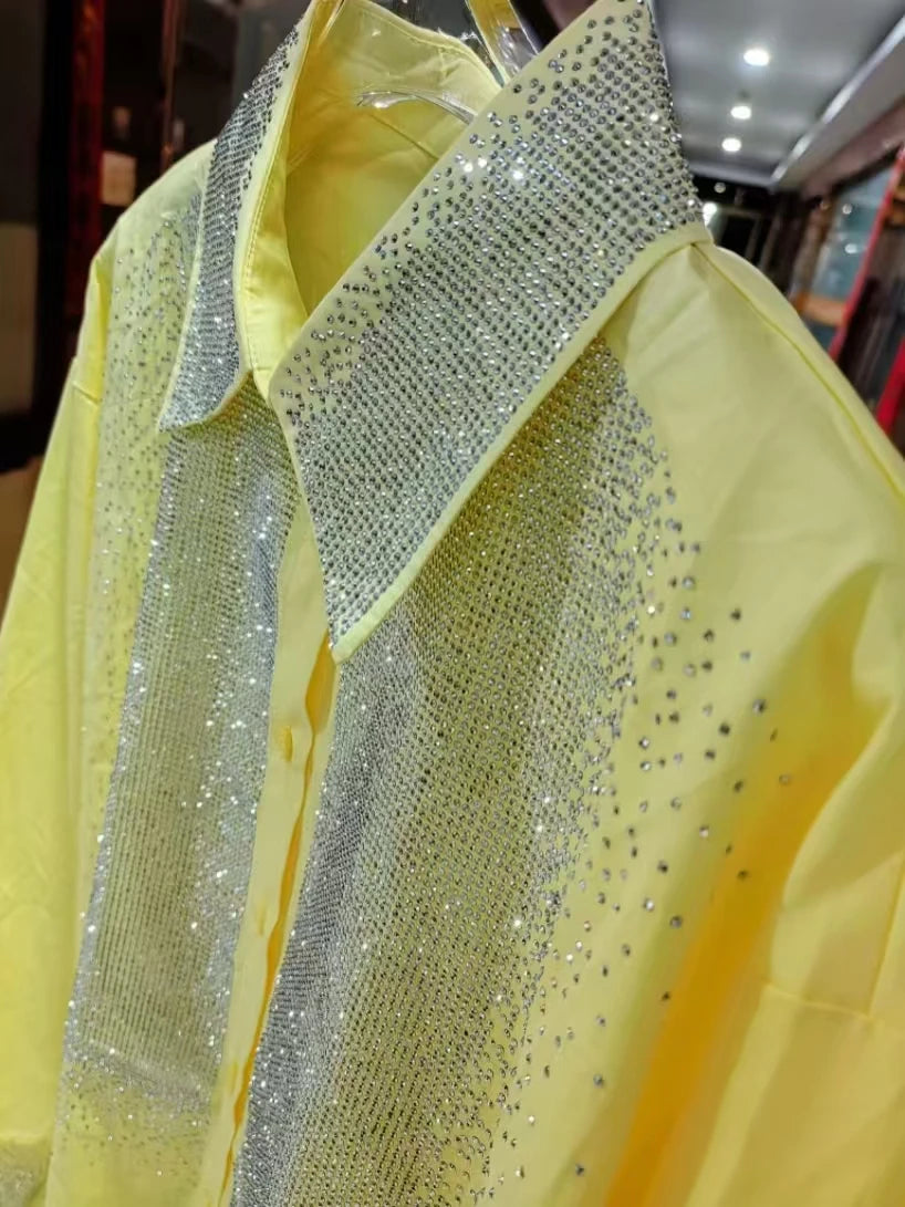 Luxury Design Bling Diamonds Loose Cotton Yellow Shirts & Blouses for Women's Full Sleeve Shirt Woman Clothes Y2K Top