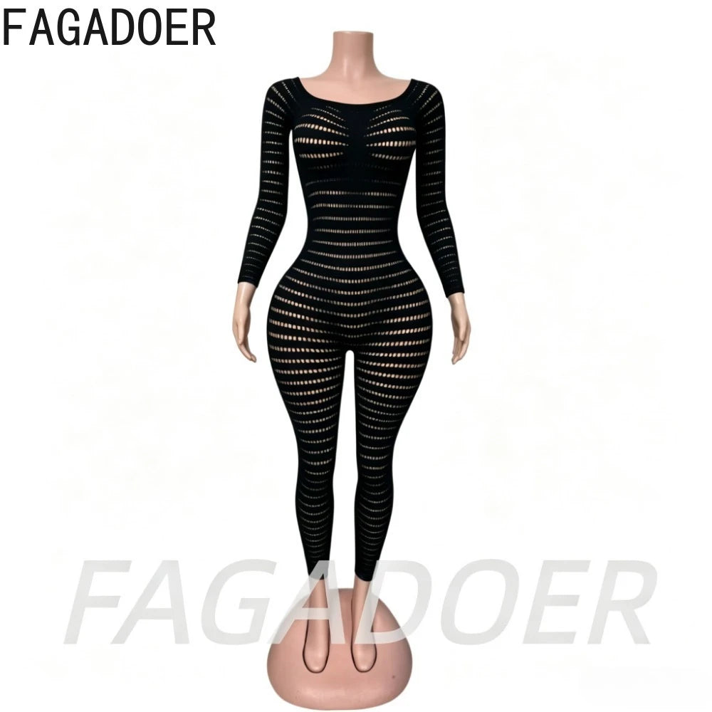 Knit See Through Hollow Out Solid Color Jumpsuit for Women