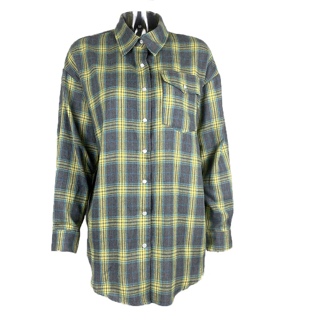 FSMG-Versatile Plaid Shirt For Women, Red Bright Grid, Oversized Blouse, Leisure And Fashionable Top, Spring And Autumn Seasons