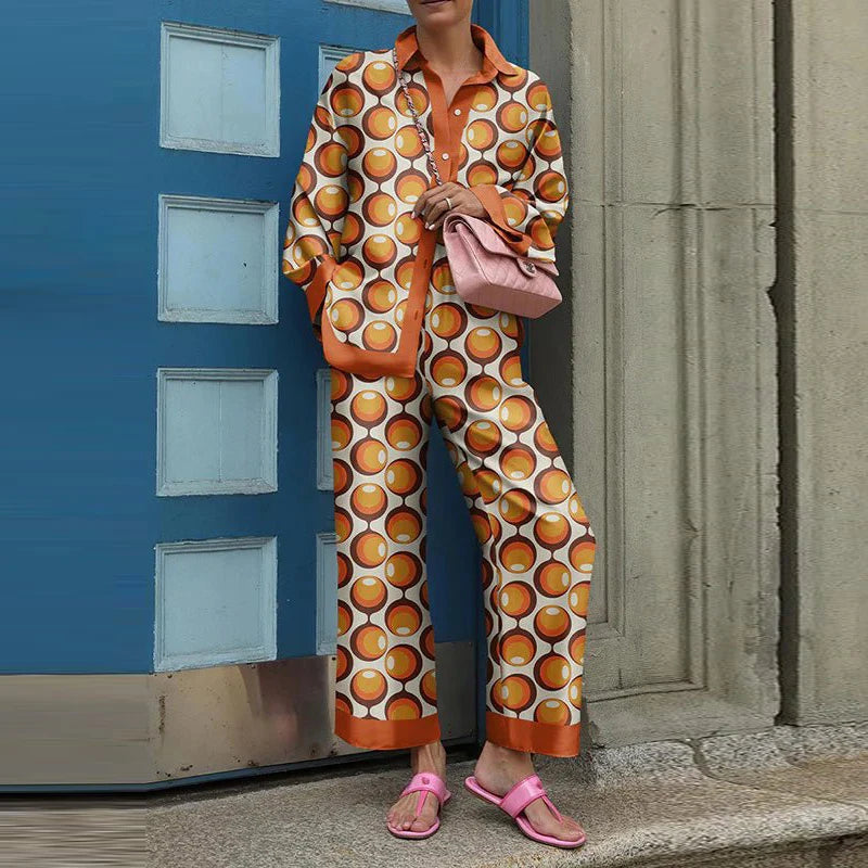 Vintage Printed Two Piece Trouser Suit Set for Women