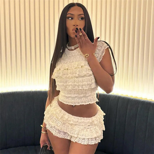 Two Piece Women Crop Top And Mini Skirt Matching Set 2024 New Summer Fashion Sexy White Lace Ruffle Ruched Skirts Outfits