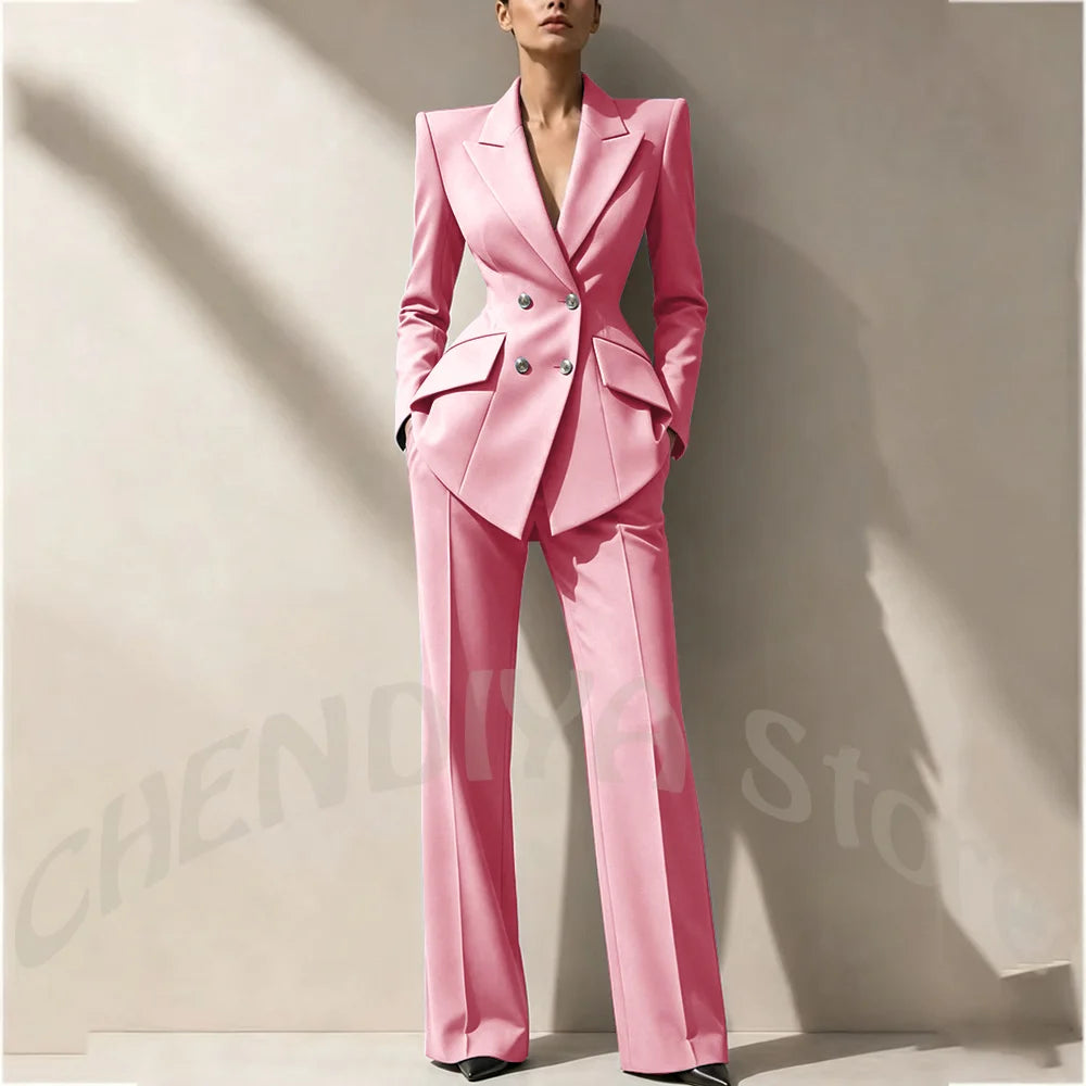 New Arrival Women's Two Piece Suit Peak Lapel Slim Fitted Classic Double Breasted Wedding Guest Evening Gala Party Female Set
