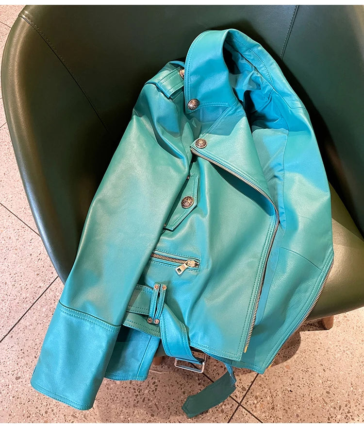 Bright Green Faux Leather Biker Jacket With Adjustable Waist For Women