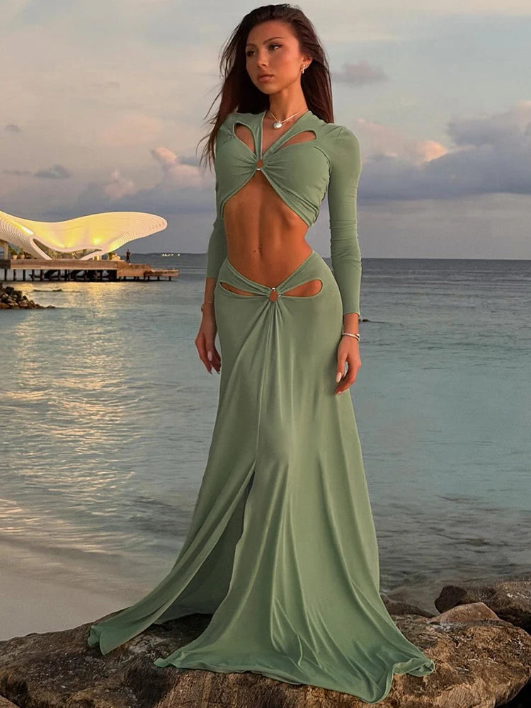 Elegant Hollowed Flowers V Neck Crop Top and Long Skirt Two Piece Set for Women