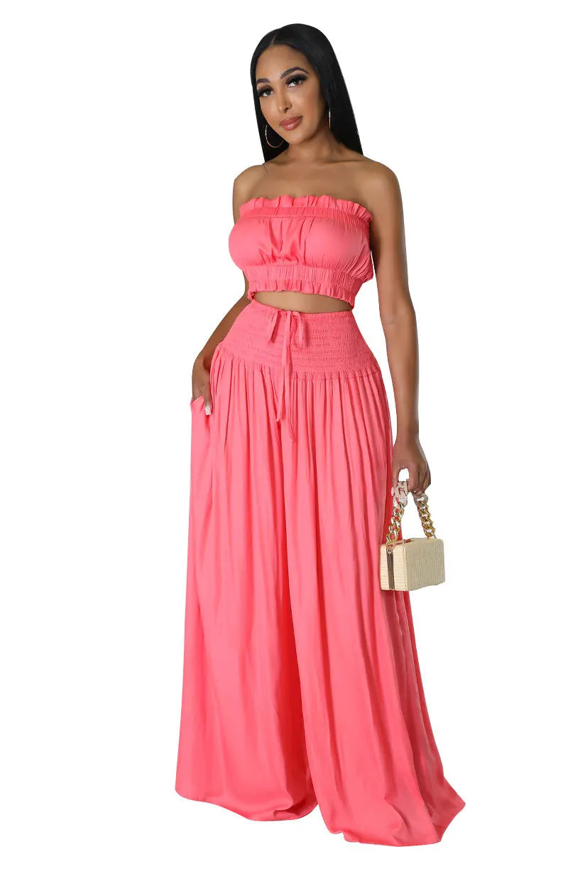 Lace Up Strapless Top Two Piece Pants Set for Women