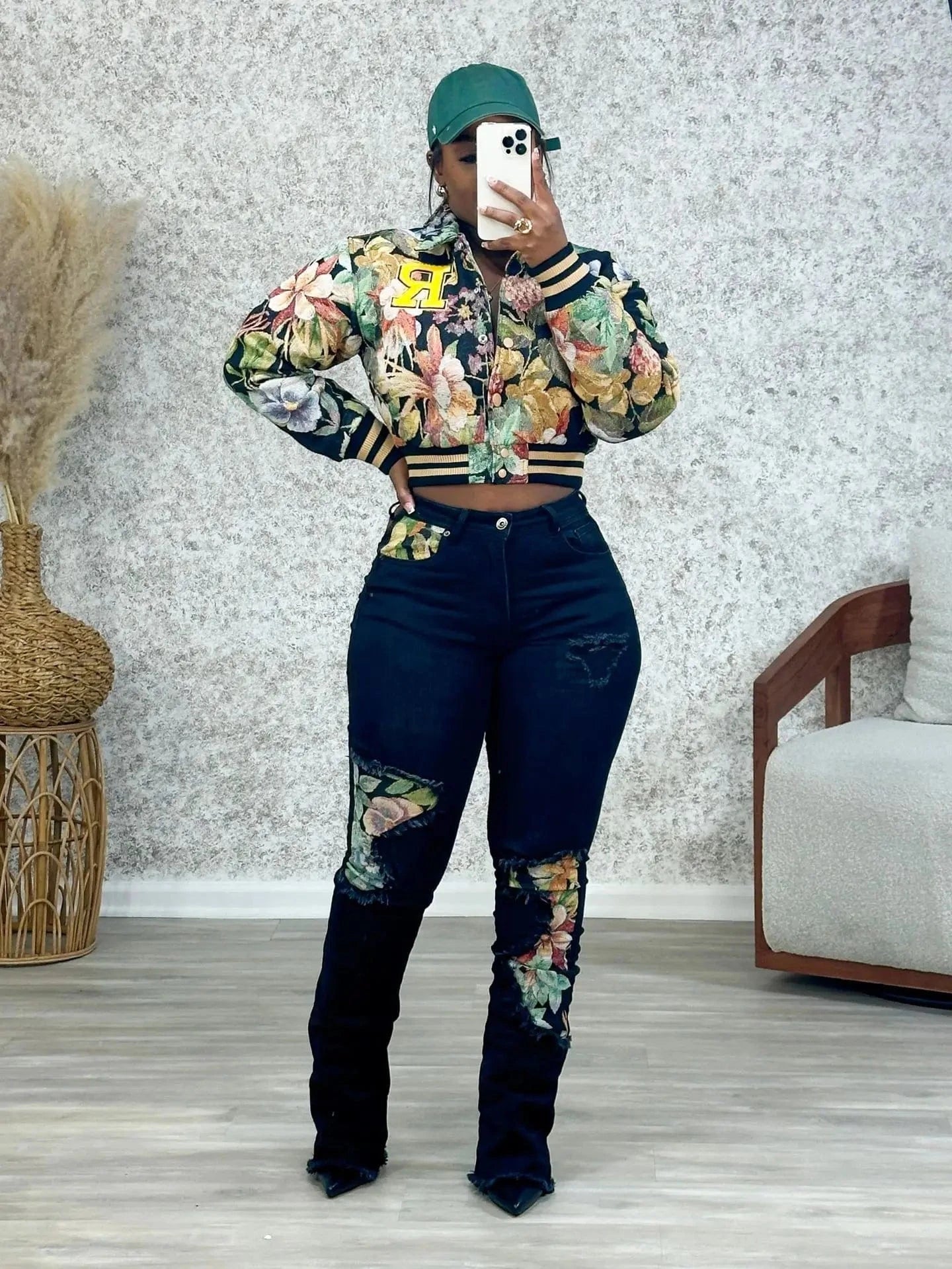 Streetwear Floral Print Short Jacket Sexy Women Turn Down Collar Elegant High Street Club Coat Outerwear