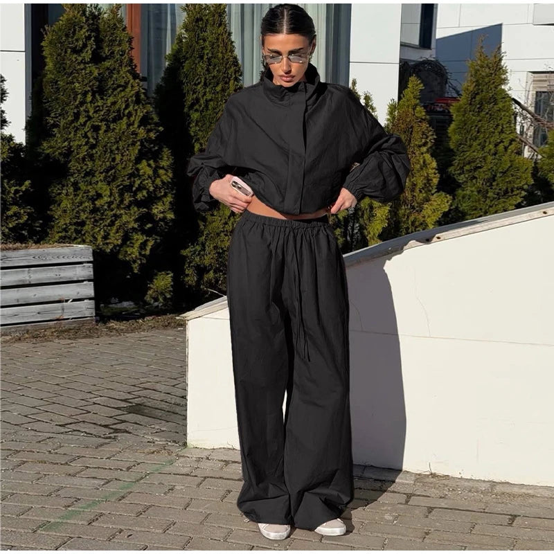 Ruffle Hem Jacket and Jogger Pants Two Piece Set for Women