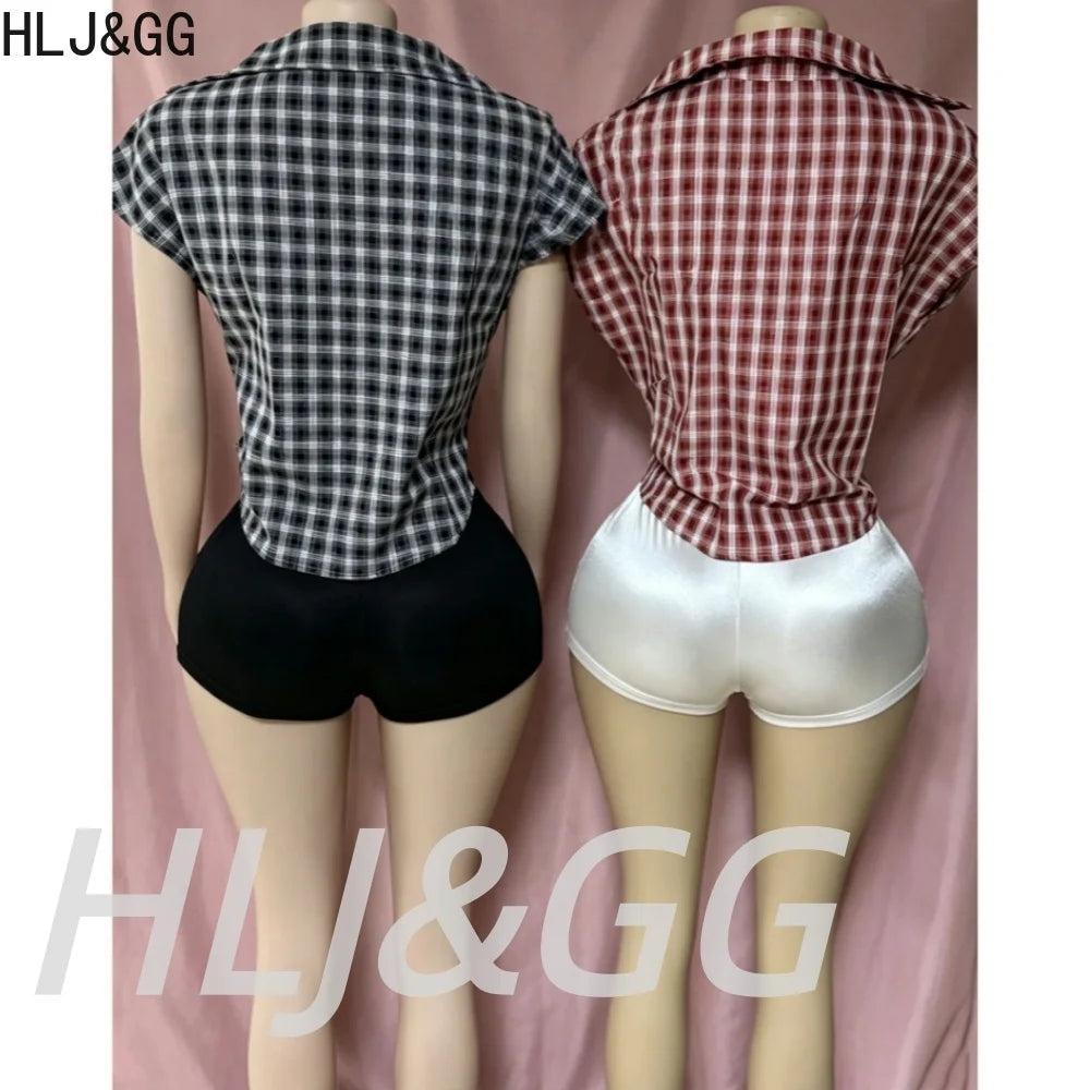 Plaid Print Deep V Neck Sleeveless Hollow Two Piece Set for Women