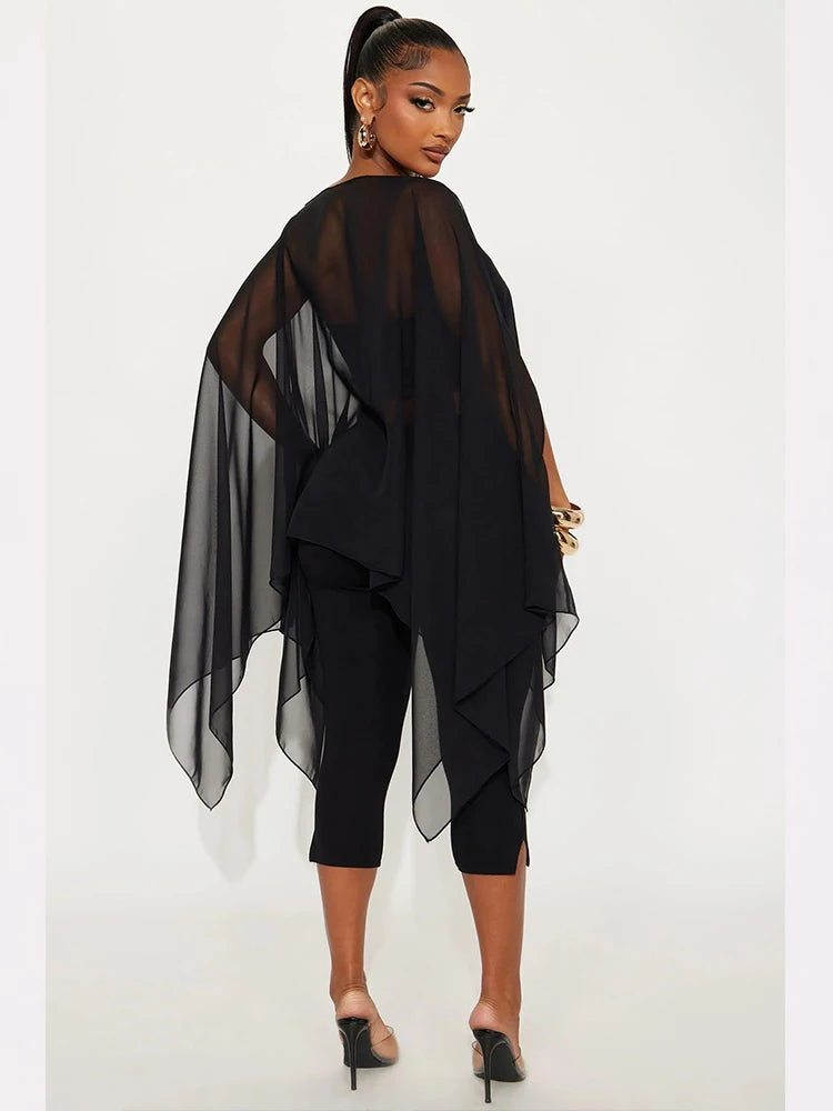Nibber Hottie Mesh See Through Shawl Top Woman Skew Collar Batwing Sleeve Irregular Navel Exposed Design Sexy Fashion Clothing
