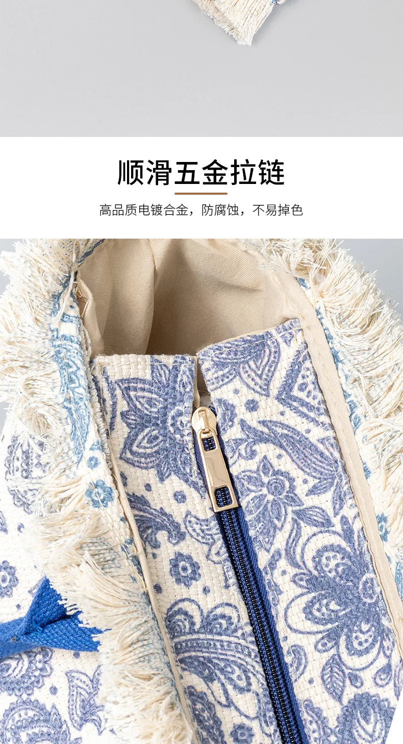Tote bag Bohemian retro shoulder bag Zipper handbag Large capacity canvas bag Women's summer