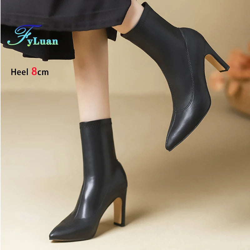 Pointed Leather High Heel Ankle Boots