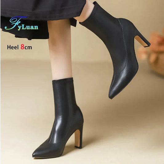 Pointed Leather High Heel Ankle Boots