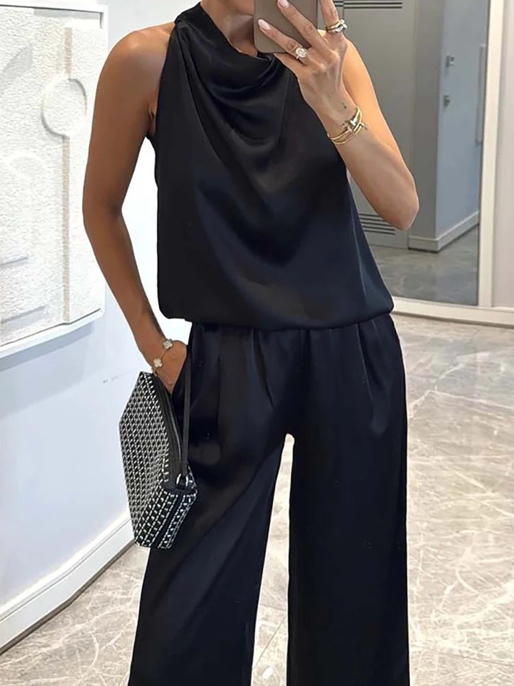 Pile Collar Sleeveless Top Wide Leg Pants 2CPS Sets, Women Summer Loose Elastic Waist Chic Outfit, Solid Patchwork Ladies Suits