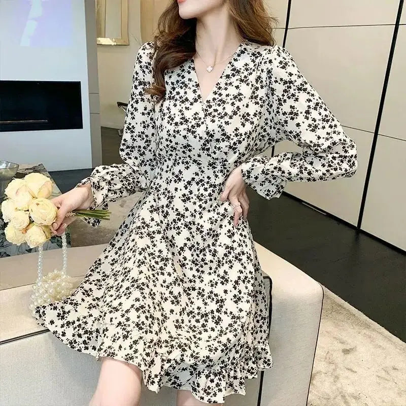 Floral Woman Long Sleeve Dress Chic And Elegant Pretty High Quality Flower Luxury Outfits Casual Youth Midi Dresses for Women