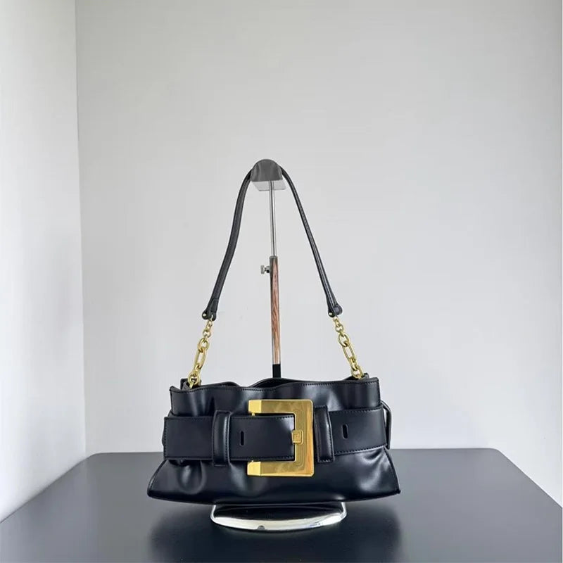 Women's Pleated Motorcycle Bag Trendy Belt Buckle Shoulder Bag Brand Design Fashion Large Capacity Texture Underarm Bag Tote Bag