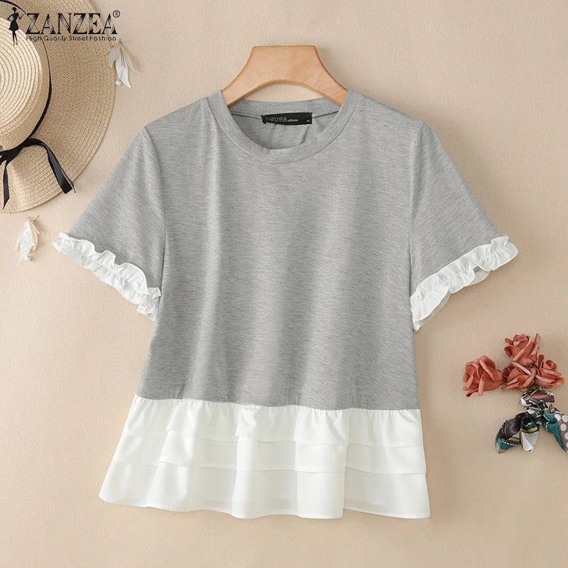 ZANZEA Woman Summer Fashion Chic T-Shirts Round Neck Short Sleeve Ruffle Trim Layered Hem Contrast-Color Casual Patchwork Tees