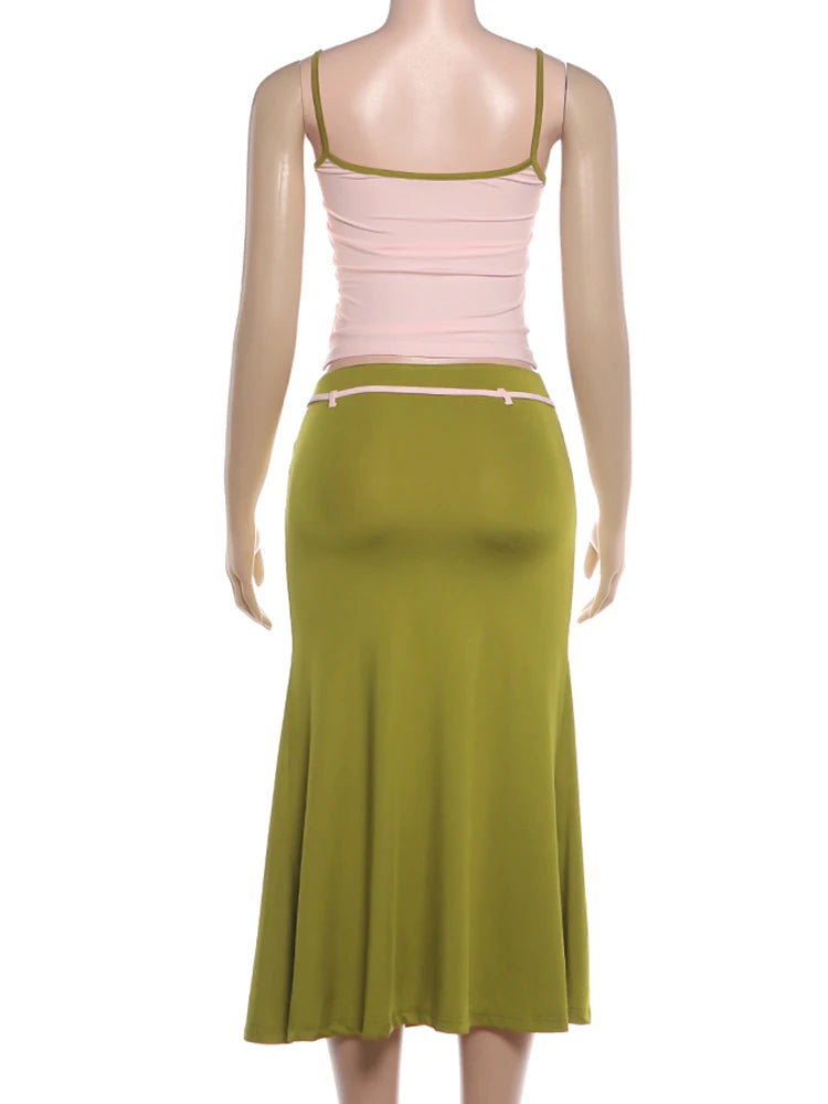 Color Blocking Backless Camisoles and Ribbon Long Skirts Two Piece Set for Women