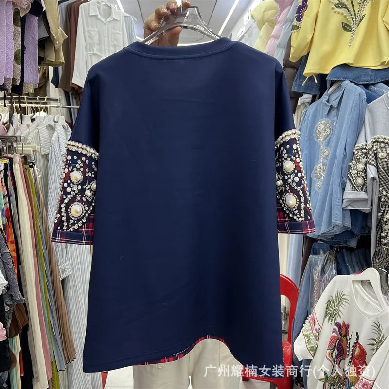 Colorblock Plaid Short Sleeve Female T-shirt Luxury Beading Round Neck Pullover Top All-match Spring Summer Women Casual Tees