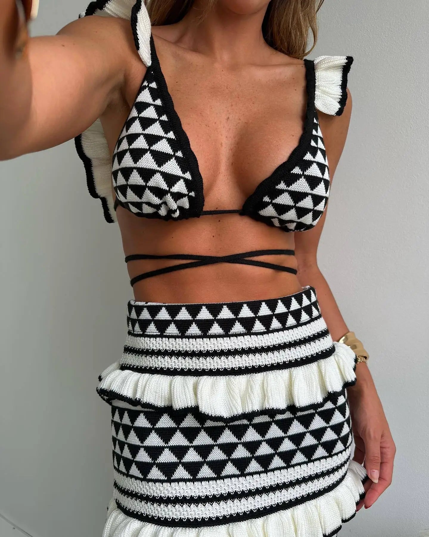 Black And White Striped Lace-Up Two-Piece Bikini for Women
