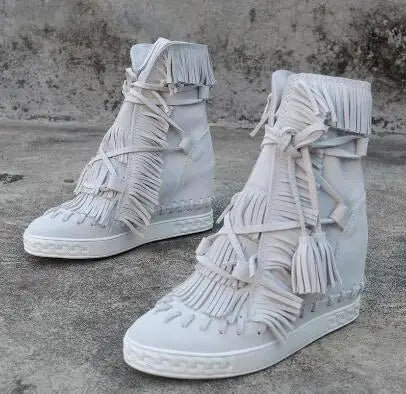 Girls Beige Black Gray Pink Suede Genuine Leather Round Toe Tassel Fringed 8 CM Height Increasing Wedges Sneakers Ankle Boots