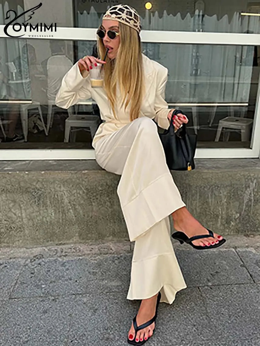 Oymimi Elegant Apricot 2 Piece Sets Women Outfit Fashion Long Sleeve Lace-Up Shirts And High Waist Straight Simple Trousers Sets