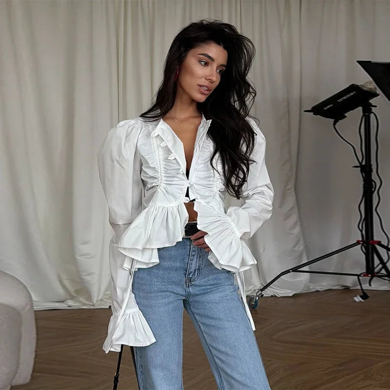 Chic Solid Ruffle Pleated Puff Sleeve Shirt for Women