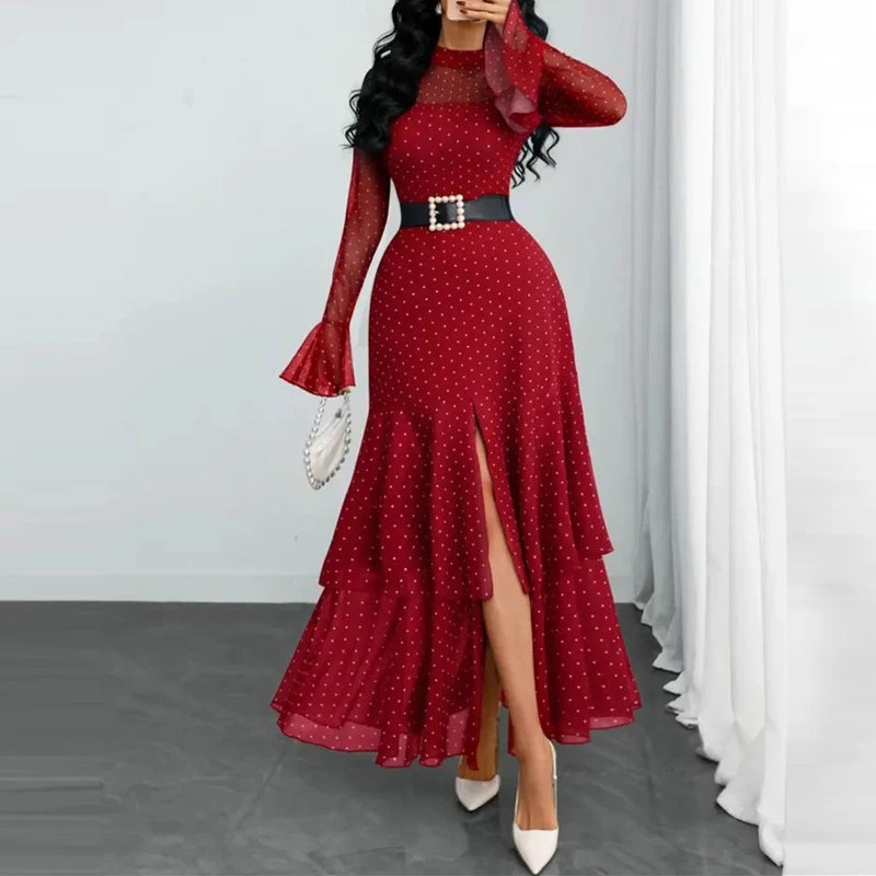 Pleated Polka Dot Ruffle Sleeve Maxi Dress for Women