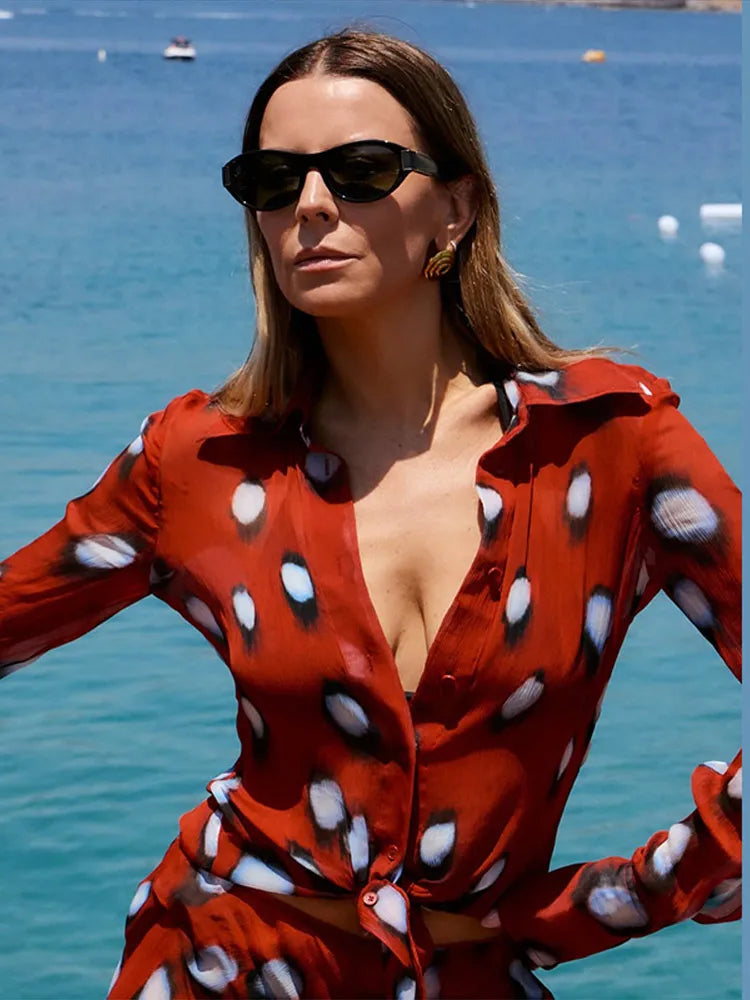 Elegant Vacation Print Shirt and Pants Set for Women