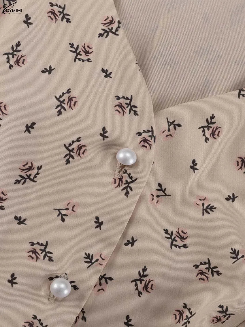 Oymimi Casual Apricot Print 2 Pieces Set For Woman Elegant Long Sleeve Button Ruffled Shirts And High Waist Side Slit Skirts Set