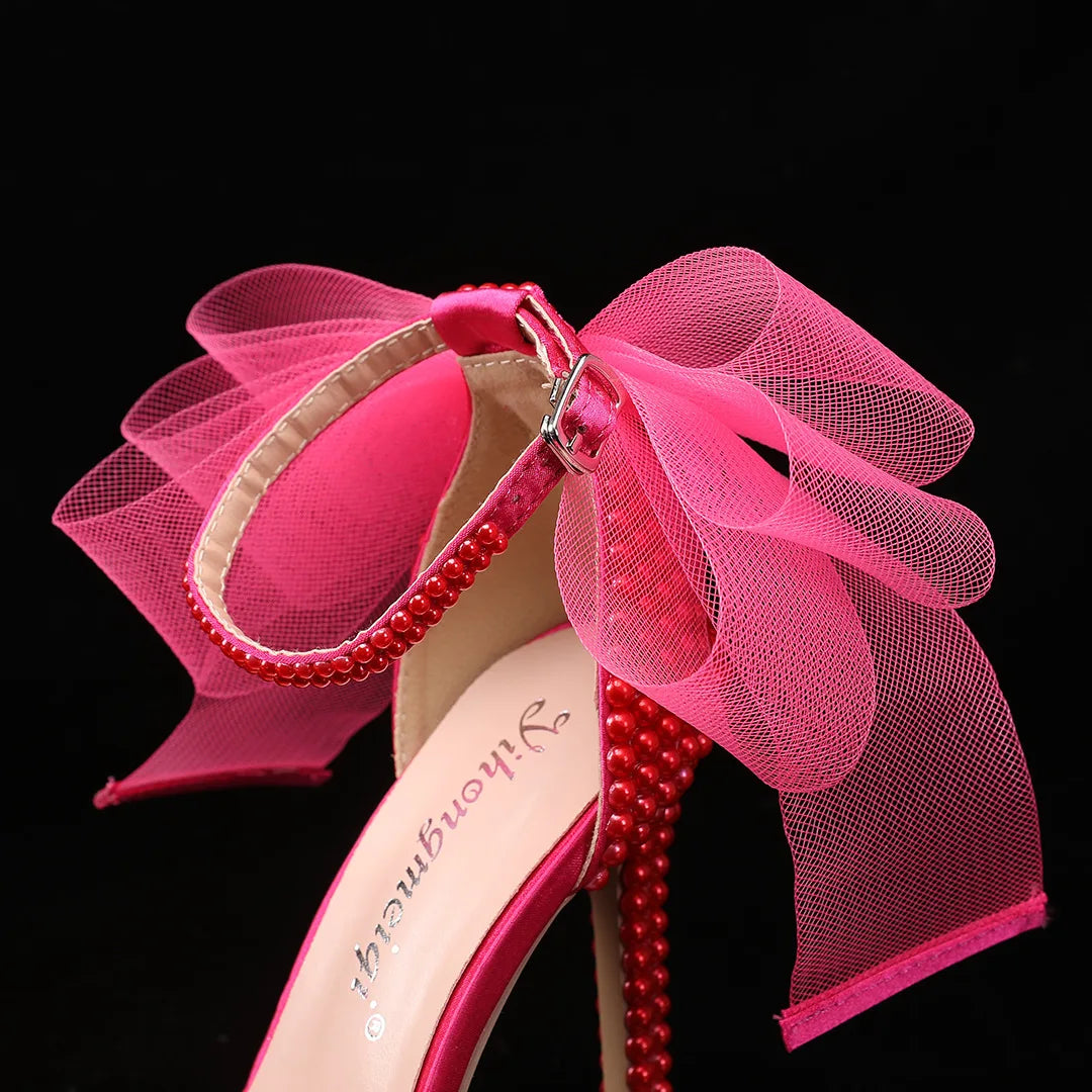 Elegant Pearl Beaded Mesh Bowknot Sandals for Women