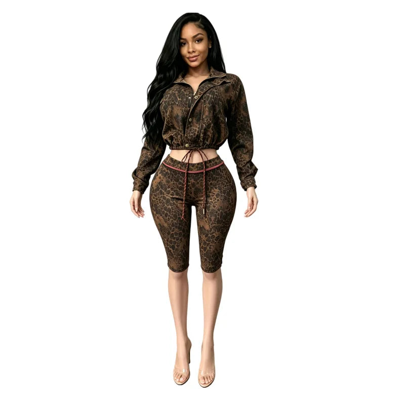 Leopard Print Jacket And Shorts Two Piece Set for Women