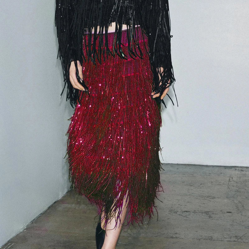 Fashion Lapel Button Shirt & Fringed Skirt Set Women Casual Long Sleeve Party Skirt Outfits Elegant Sequined Long Skirt 2Pc Suit